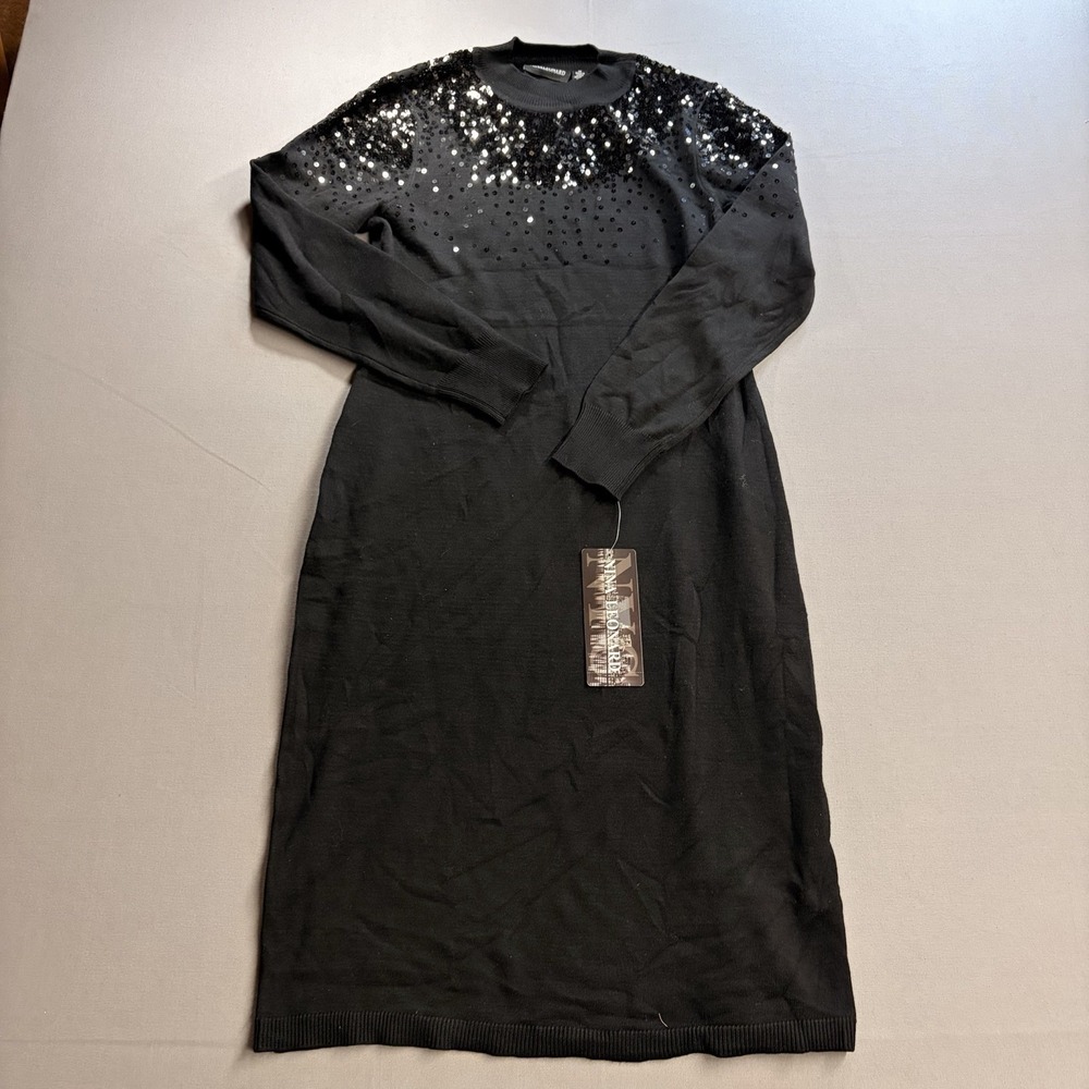 Nina Leonard Black Sequin Sweater Dress Womens Medium Long Sleeve L8317AF NWT